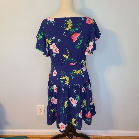 Eliza J Navy Blue Floral Mini Dress Women 14 Flutter Sleeve Fairy Cottagecore - Picture 3 of 15